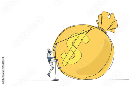 Single one line drawing smart robot climbing money bag with the rope. Work harder to get a very large retirement fund. Bring out abilities to the maximum. Continuous line design graphic illustration