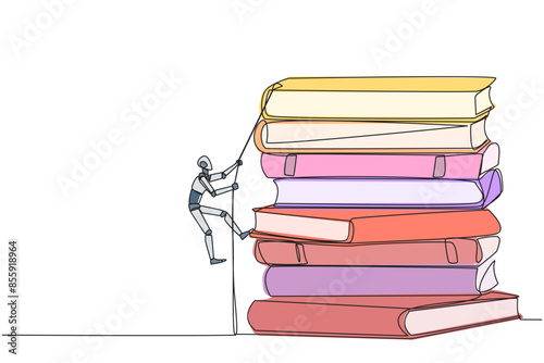 Single continuous line drawing smart robot climbing a pile of books with a rope. Try hard to gain new knowledge for the smooth running of the business. Satisfied. One line design vector illustration