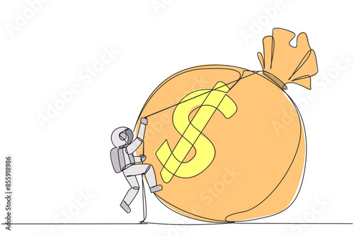Continuous one line drawing astronaut climbing money bag with rope. Work harder to get a very large retirement fund. Bring out abilities to the maximum. Single line draw design vector illustration