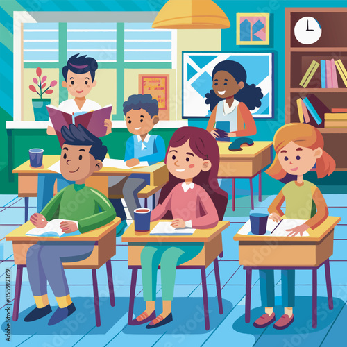 students studying in classroom vector illustration