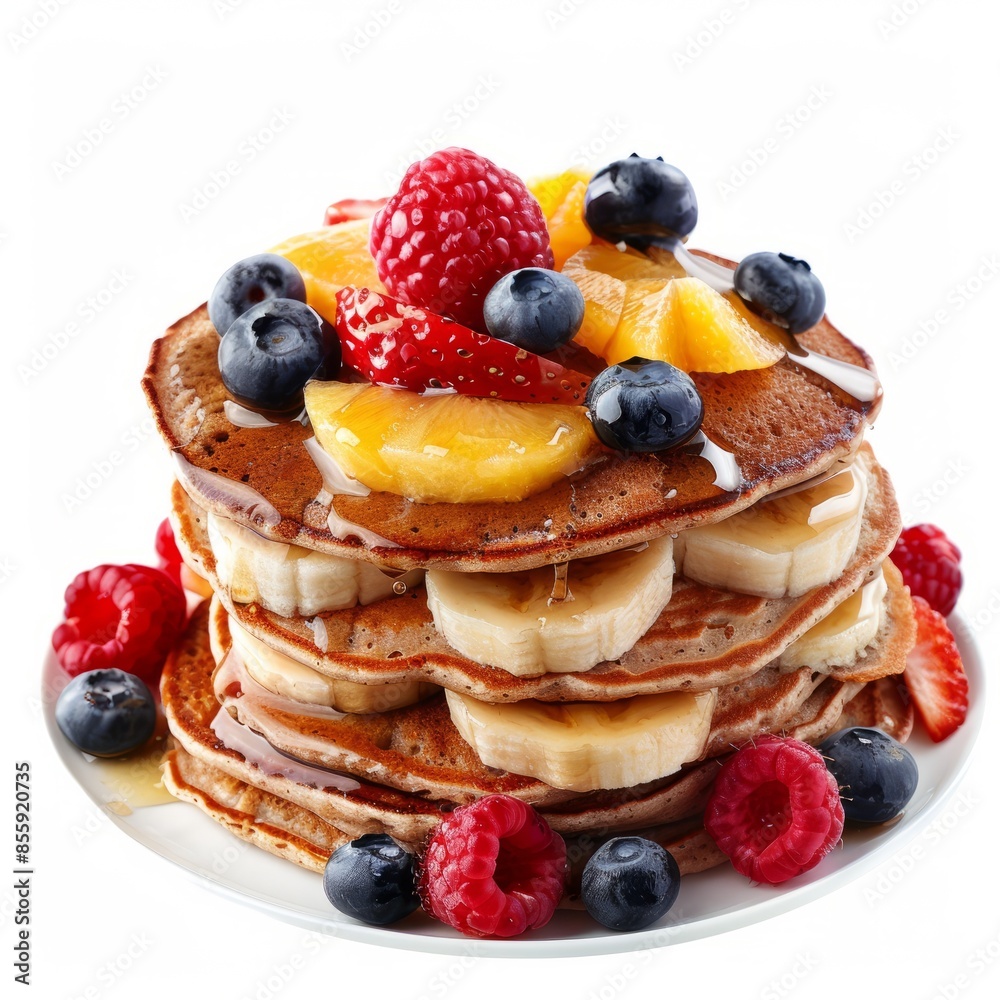 A stack of pancakes topped with fresh fruit and syrup. A stack of pancakes topped with fresh fruit and syrup.