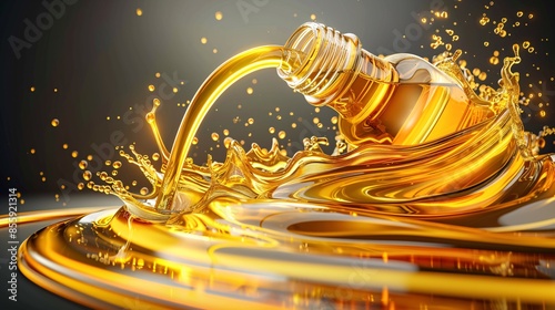 Motor oil bottle poster for car engine service with splash and drops.