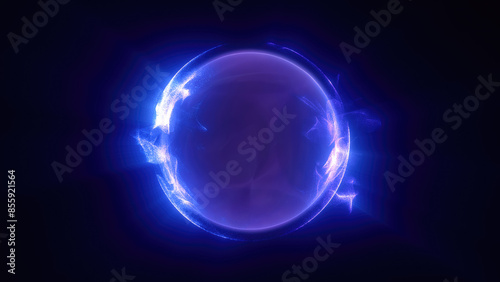 Abstract purple bright glowing background with a sphere core atom energy burning ball circle made of waves of energy rays and plasma with light