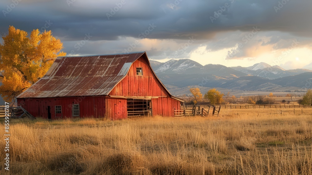 A weathered red barn stands in a golden field, surrounded by mountains and autumn trees under a dramatic sky. A weathered red barn stands in a golden field, surrounded by mountains and autumn trees under a dramatic sky.