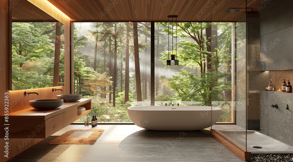 Modern bathroom with double sink, bathtub and large window with a forest view Modern bathroom with double sink, bathtub and large window with a forest view