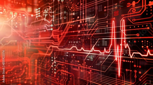 Abstract red digital circuit board with heartbeat line pattern, symbolizing technology and healthcare integration.