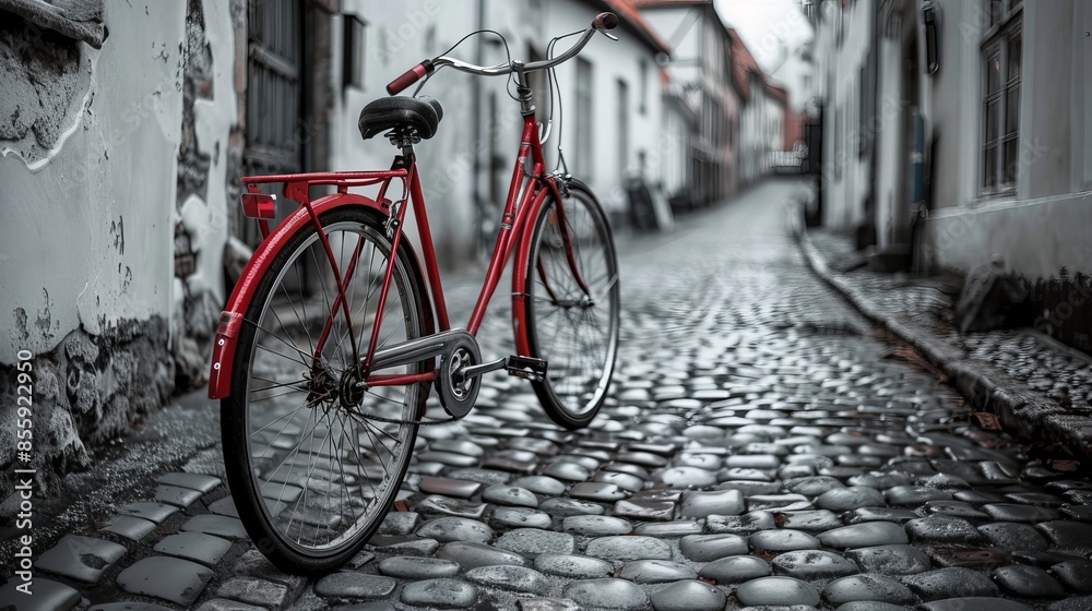 A classic bike in a charming cobblestone street in an old town. The bike is painted red and the image is in black and white. This is a timeless concept of an old bicycle. A classic bike in a charming cobblestone street in an old town. The bike is painted red and the image is in black and white. This is a timeless concept of an old bicycle.