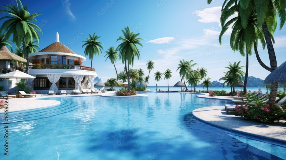 Fototapeta premium panoramic holiday landscape luxury beach poolside resort hotel swimming pool beach