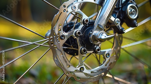 A close-up view of a road bike's brake disc, showing the details of its front wheel axle and damper system used for maintenance in a bike shop.