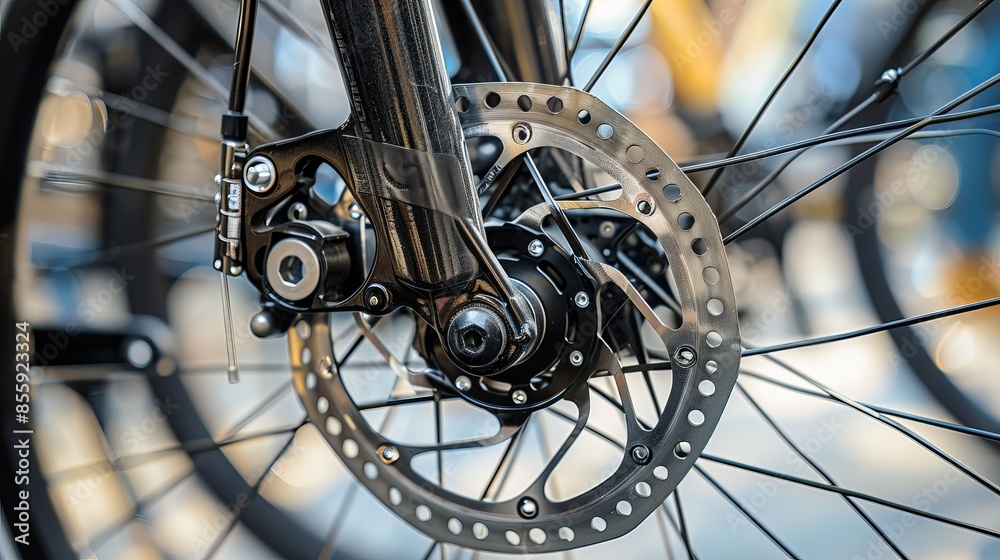 Obraz premium A close-up view of a road bike's brake disc, showing the details of its front wheel axle and damper system used for maintenance in a bike shop.