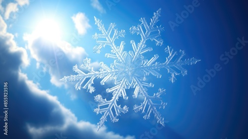 snowflake with beautiful light and snowflakes on blue sky