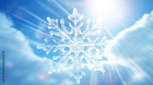 snowflake with beautiful light and snowflakes on blue sky