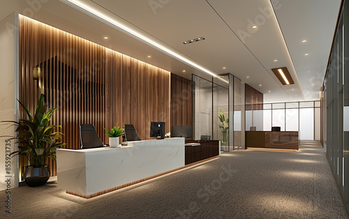 Modern office interior wooden accent. Created with Ai  © John