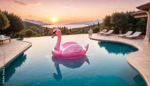 Fototapeta Naklejka Na Ścianę i Meble -  pink inflatable swan in the big pool of a luxury modern villa in white color

