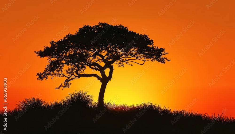 Silhouette of a lone tree against a vibrant orange sunset sky. Silhouette of a lone tree against a vibrant orange sunset sky.