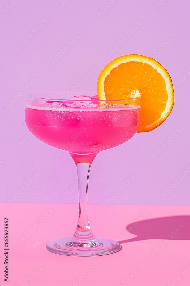 bright pink drink in a clear glass with an orange slice garnish, set against a light purple background, alcohol free bright pink drink in a clear glass with an orange slice garnish, set against a light purple background, alcohol free