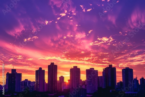 Silhouettes of city skyscrapers against a vibrant pink and purple sunset sky.