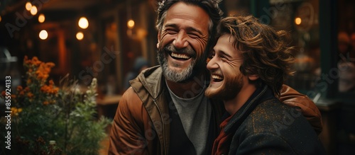 an adult son hugs his father cheerfully in the yard, with a smile of family love photo