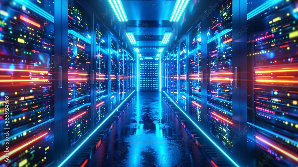 3D banner of a data center server room with telecom equipment. 3D banner of a data center server room with telecom equipment.