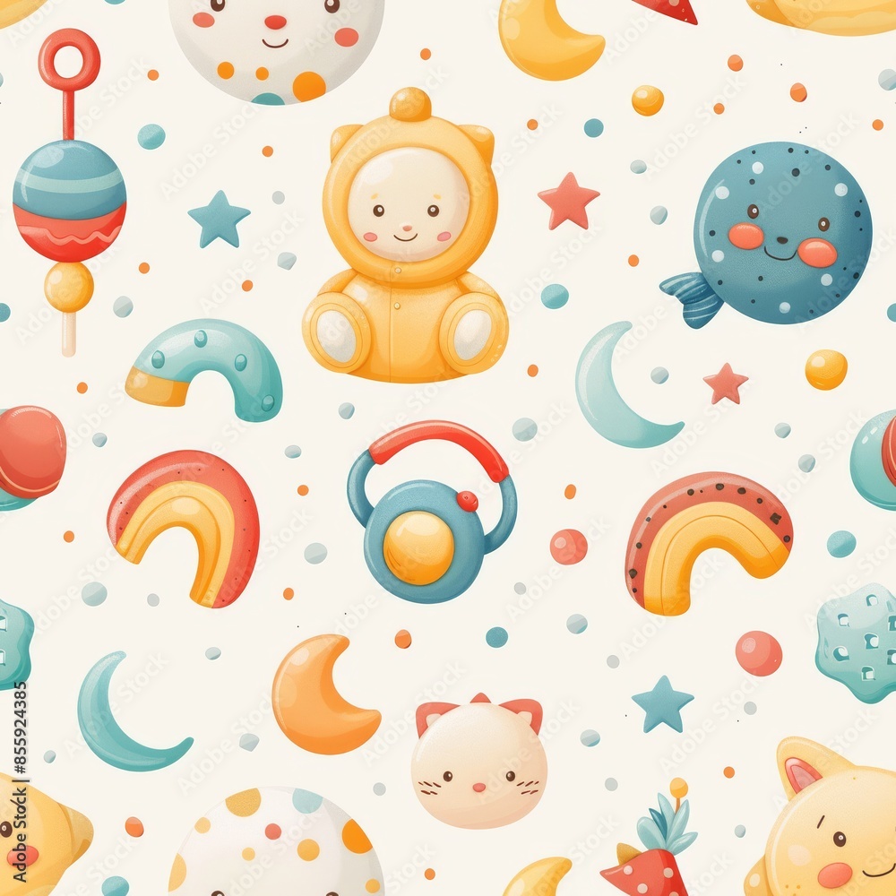 A colorful pattern of cartoon characters and objects, including a baby, a cat A colorful pattern of cartoon characters and objects, including a baby, a cat