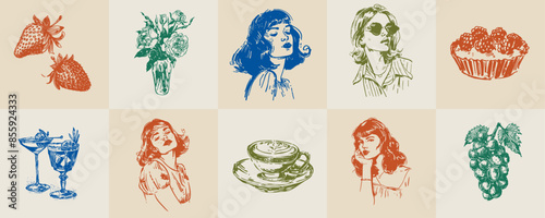 A minimalist collection of hand-drawn vector illustrations of food and beverage girls. Great for social media, posters, postcards, web design.eps