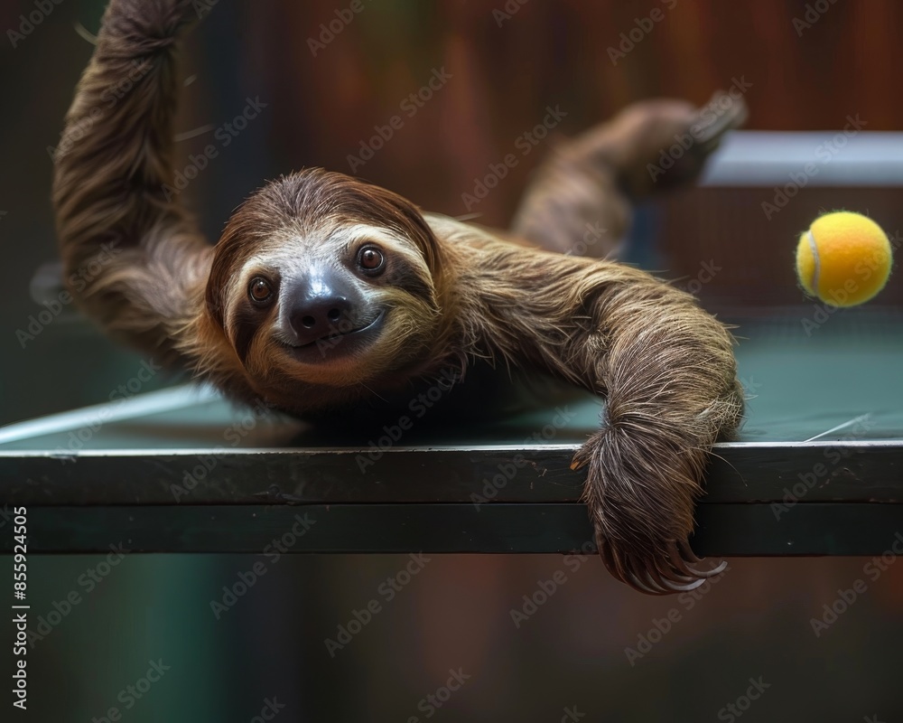 Naklejka premium A sloth playing table tennis, stretching an arm over the table, with a yellow ball in mid-air, background blurred. Unique and playful scene.
