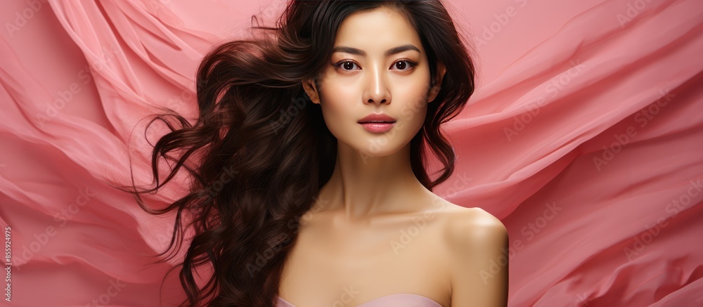 Beautiful young Asian woman on pink background, Facial care and beauty Beautiful young Asian woman on pink background, Facial care and beauty