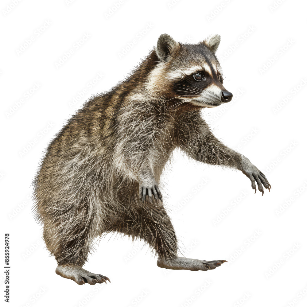 Playful Raccoon Posing on White Background