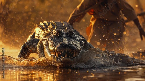 Close-up of a menacing crocodile emerging from water at sunset, with a person in the background, highlighting wildlife and nature's raw power.