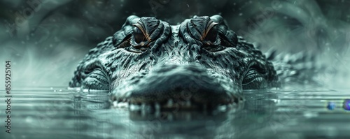 Close-up view of a crocodile's face emerging from the water, showing its eyes and textured skin in a misty environment.