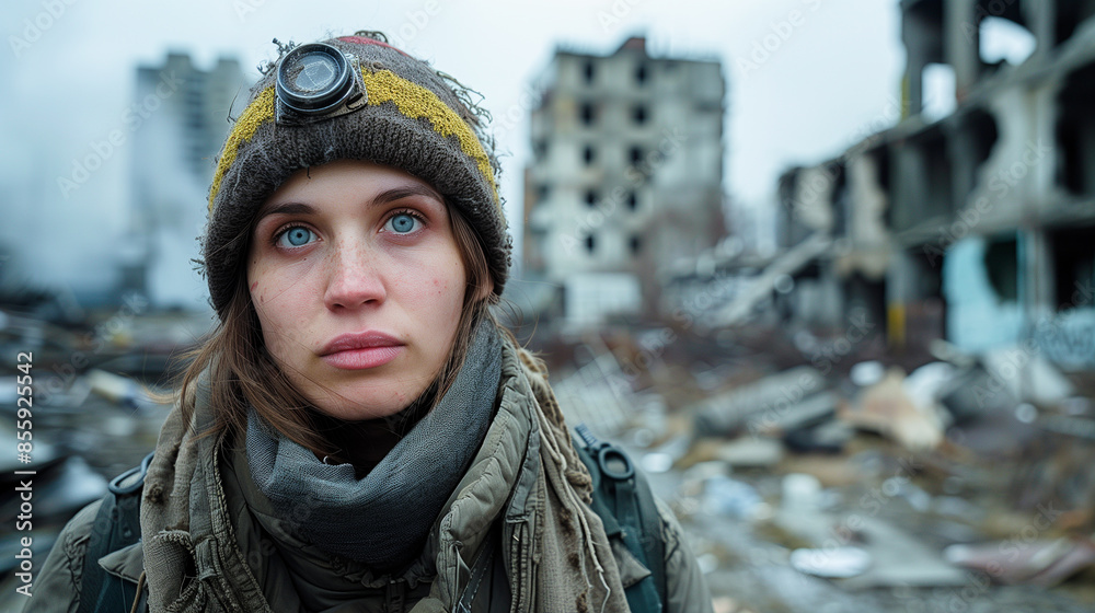 A Ukraine woman in warm clothes and a headlamp gazes stoically at the camera amidst ruins of a city, hinting at a recent disaster or conflict A Ukraine woman in warm clothes and a headlamp gazes stoically at the camera amidst ruins of a city, hinting at a recent disaster or conflict