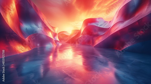 An image of an ice cave with a bright red sunset reflecting on the surface of a frozen lake © Pavel Lysenko