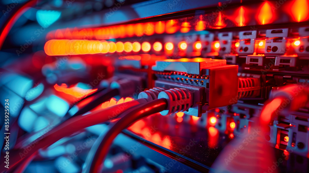 A close-up shot of a network connection, capturing the intricate wiring and glowing lights that power the digital world A close-up shot of a network connection, capturing the intricate wiring and glowing lights that power the digital world
