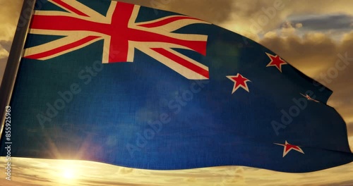 3D Rendering - Flag of New Zealand close up waving smoothly at sunset backlighted on yellow cloudy sky - 4K H264 Seamless loop photo