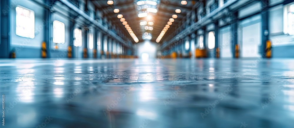 Slightly blurred and defocused background for your design. Piece of empty typical industrial space. Concept of manufacture, warehouse, storage, factory space. Copy space. Wide panoramic image.