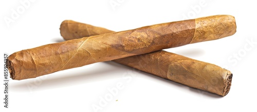 Pair of handmade cigars tobacco torpedo shape isolated on white. Copy space image. Place for adding text or design photo