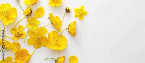 Yellow flowers in the light off the white background. Copy space image. Place for adding text and design