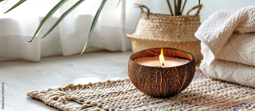 Burning spa aroma candle in coconut shell on a knitted multicolored rug and wicker box with a towel opposite the white wall, cozy home interior. Copy space image Burning spa aroma candle in coconut shell on a knitted multicolored rug and wicker box with a towel opposite the white wall, cozy home interior. Copy space image