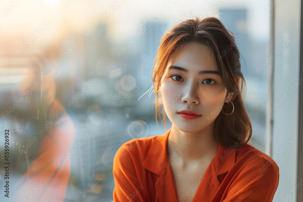 Obraz premium Woman in orange shirt at window