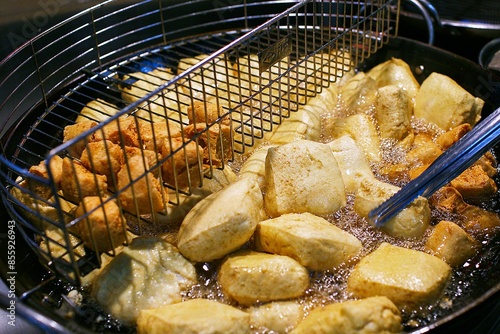 Close-up of golden brown stinky tofu frying in hot oil in a deep fryer. photo