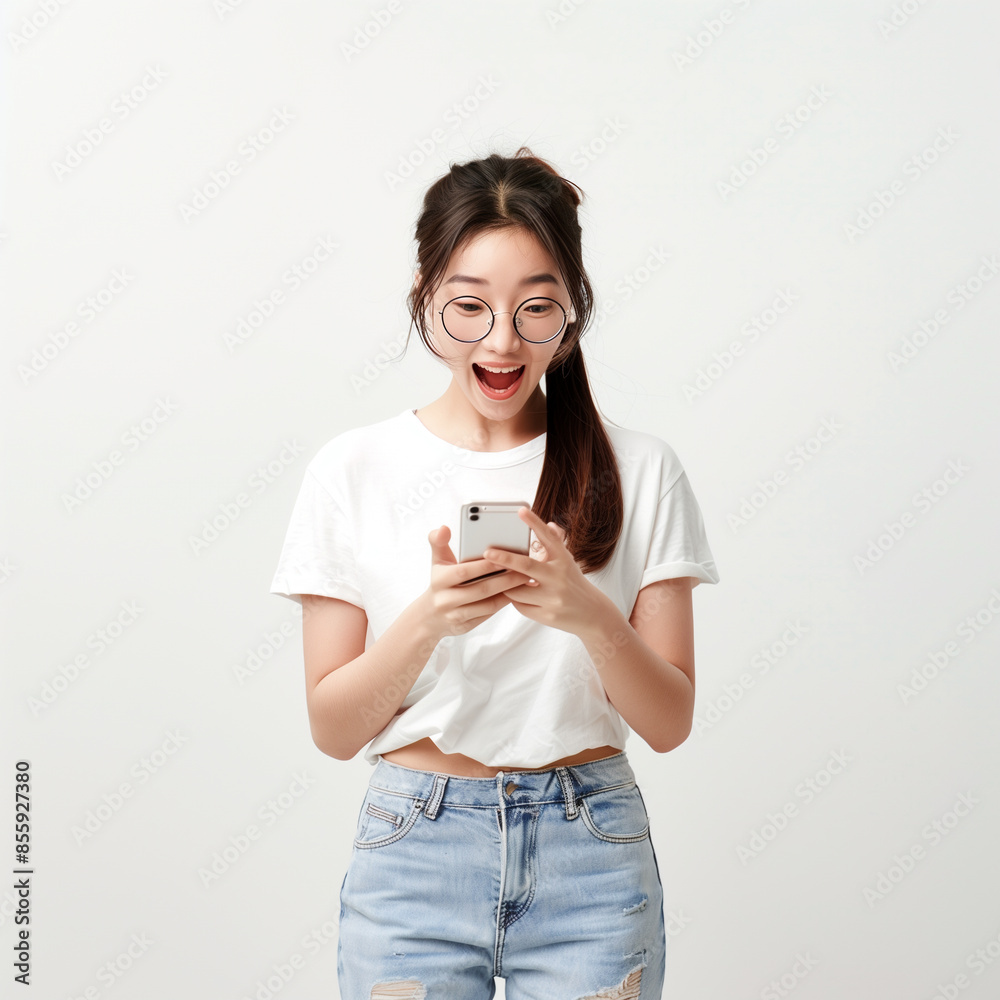 Excited Asian Woman in Glasses Looking at Phone - Half Body Portrait on White Background Excited Asian Woman in Glasses Looking at Phone - Half Body Portrait on White Background