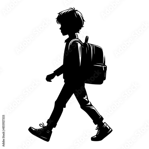 Silhouette of a boy walking with his school backpack. Vector illustration