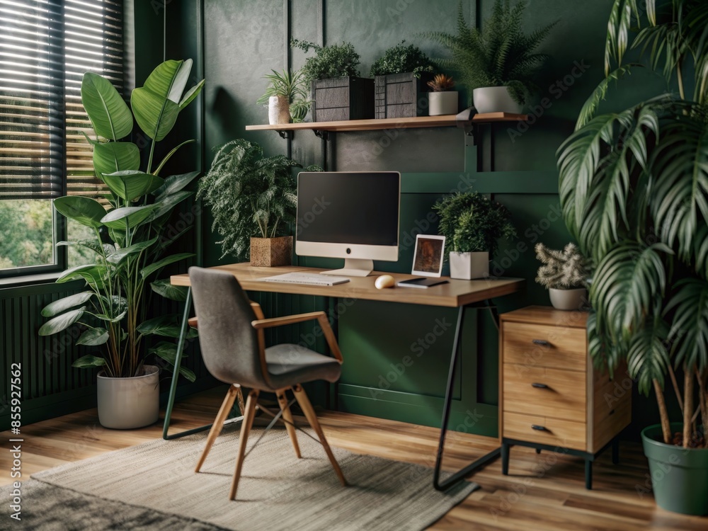 Minimalistic home office setup with plants and a wooden desk. Minimalistic home office setup with plants and a wooden desk.