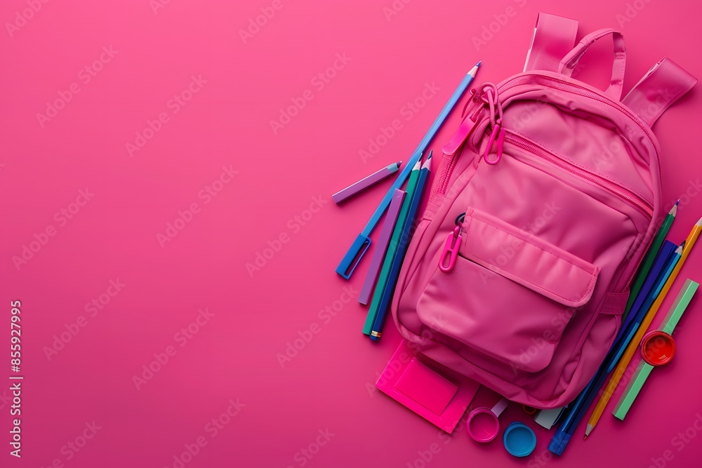 School supplies in pink backpack on pink background School supplies in pink backpack on pink background
