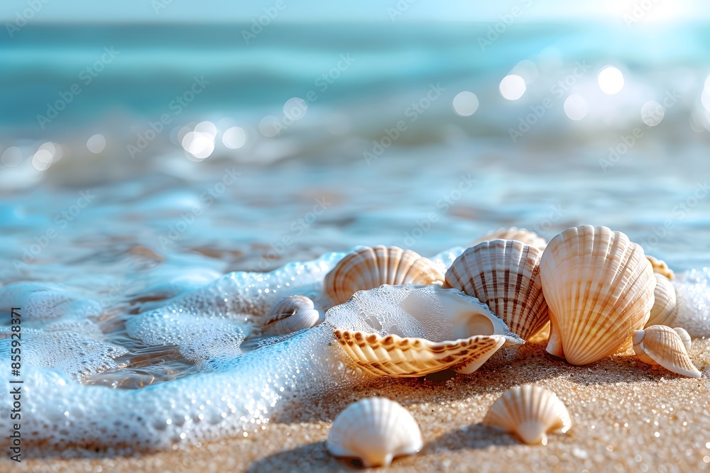 Shells on beach sand near water Shells on beach sand near water