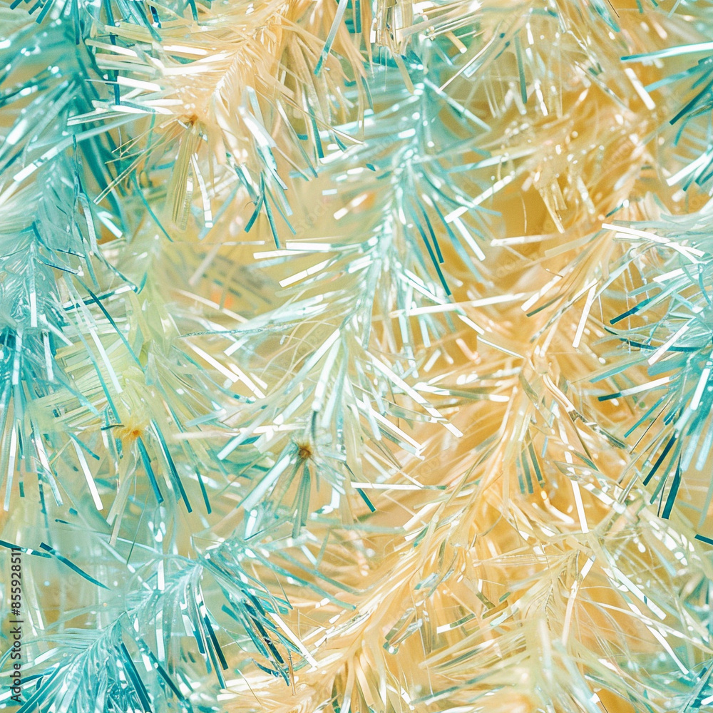 Closeup seamless pattern tile pastel aqua gold Christmas tree shiny metallic rainbow xmas decor garland retro texture merry festive unicorn background repeat fun party colorful strand flatlay top Closeup seamless pattern tile pastel aqua gold Christmas tree shiny metallic rainbow xmas decor garland retro texture merry festive unicorn background repeat fun party colorful strand flatlay top