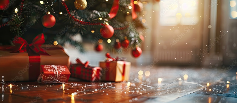 Christmas gifts lie under the Christmas tree. Copy space image. Place for adding text and design Christmas gifts lie under the Christmas tree. Copy space image. Place for adding text and design