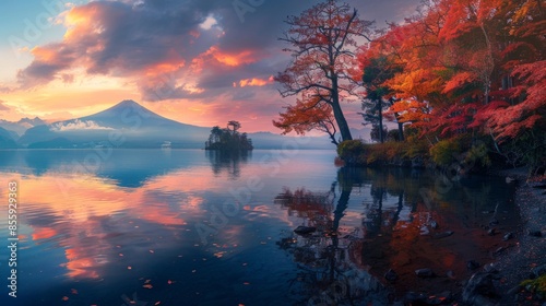 A peaceful evening scene by Lake Toya, where the tranquil waters mirror the fiery colors of autumn foliage, and the volcanic island stands sentinel in the distance,   photo