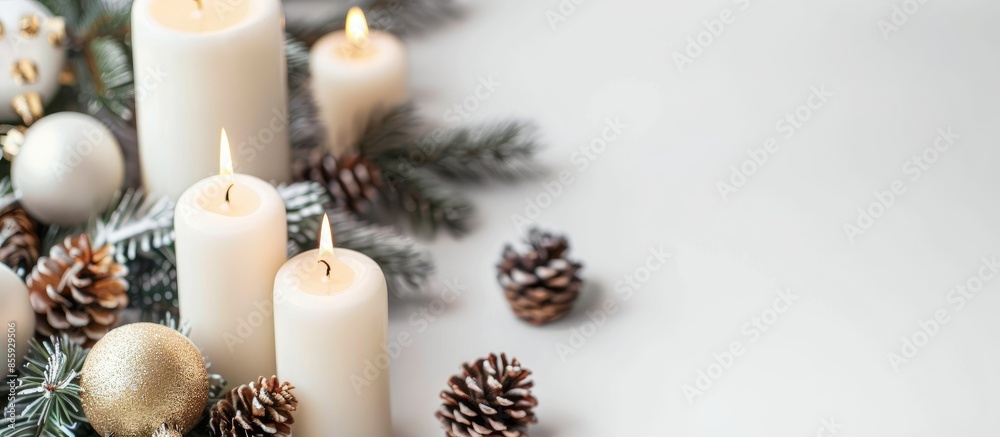 Christmas decoration with candles on white background. Copy space image. Place for adding text and design