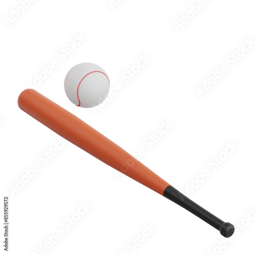 3D render bat and baseball icon illustration. Isolated on transparent background